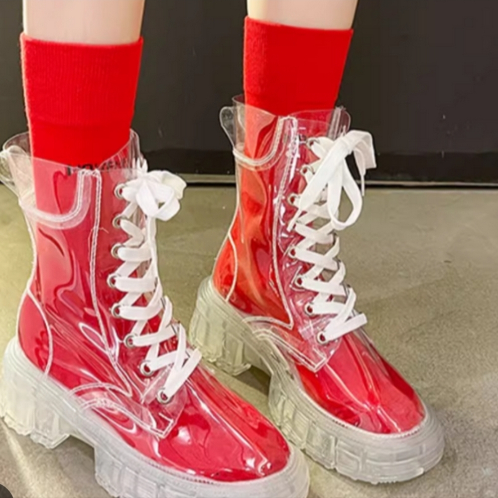 Clear Red Platform Lace-Up Booties with White Laces